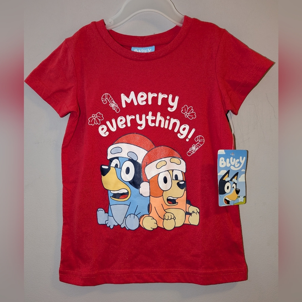 🆕 Bluey & Bingo Kids' Red Festive Christmas T-Shirt - Merry Everything! Sz 4 🎅